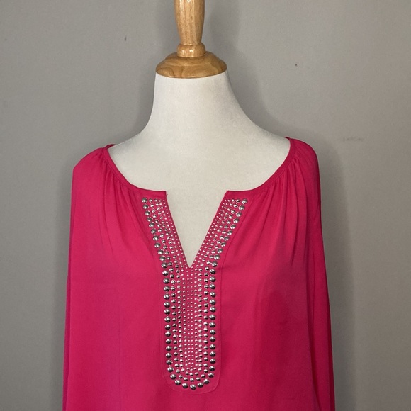 Hot Pink Alfani Top Blouse with Siver Studs Balloon Sleeves Sz 8 - Picture 3 of 6